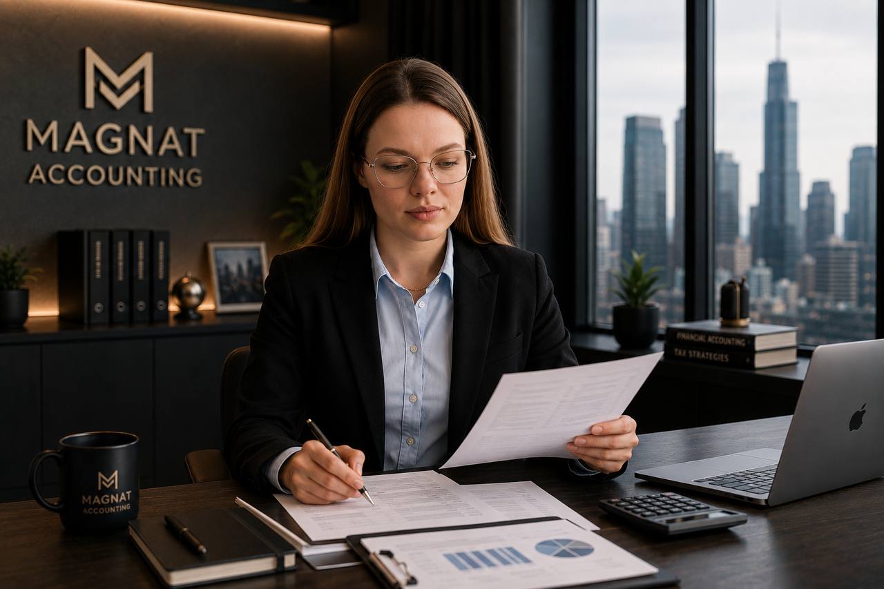 Magnat Accounting reviewing a client's financial reports and calculations